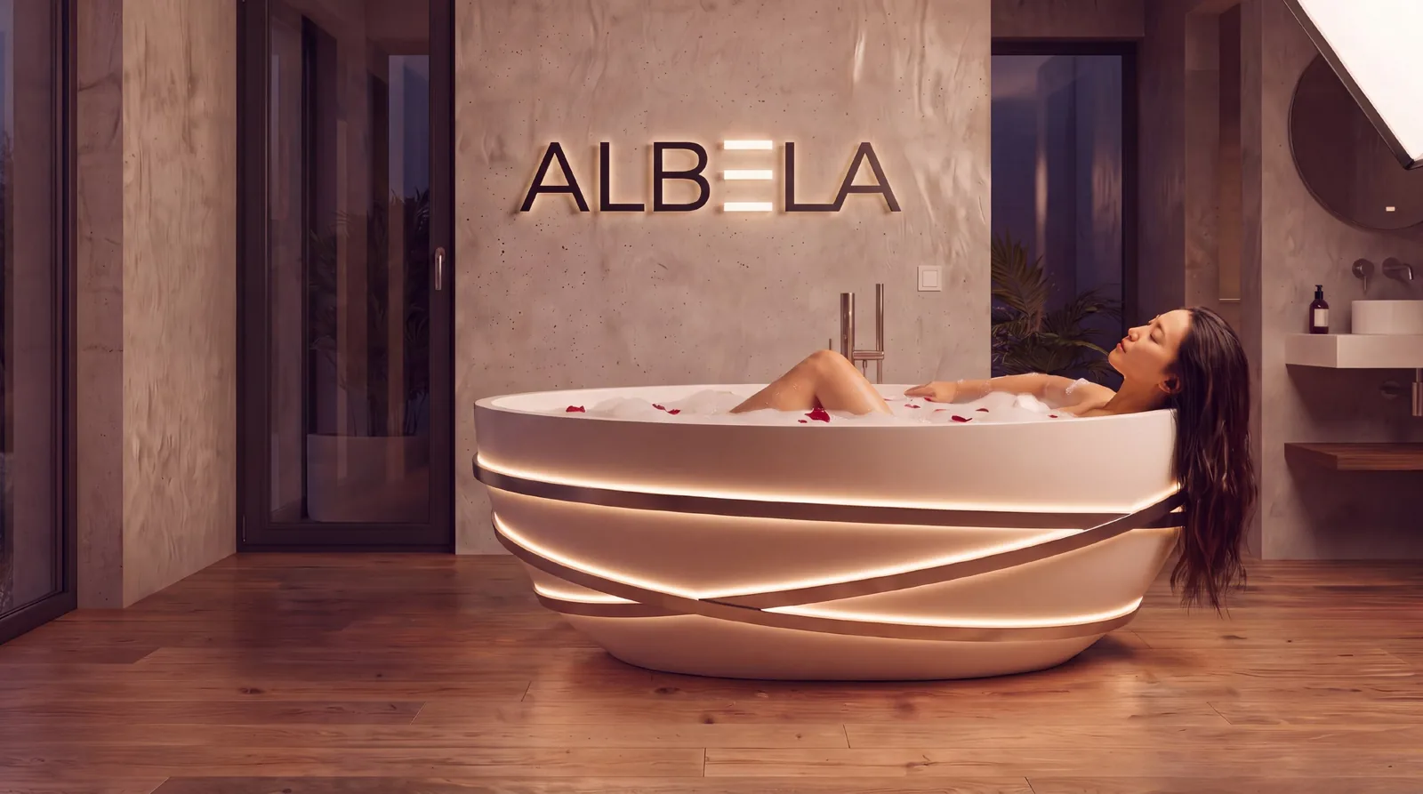 ALBELA solid surface bathtub with contour lighting in an interior — a product made from LISTACRYL material