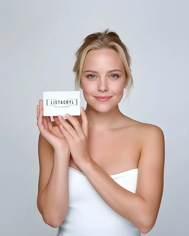 A white LISTACRYL acrylic solid surface sample held in a hand against a light studio background
