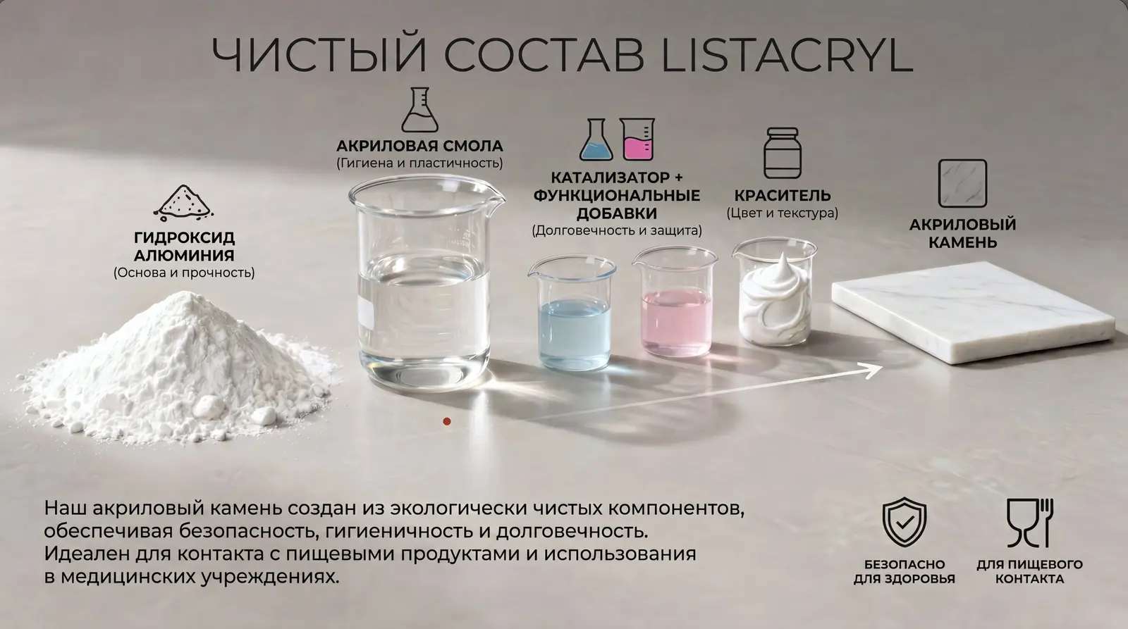 Components of LISTACRYL acrylic solid surface laid out on a table: aluminium hydroxide, acrylic resin, catalyst, pigments and a finished sample
